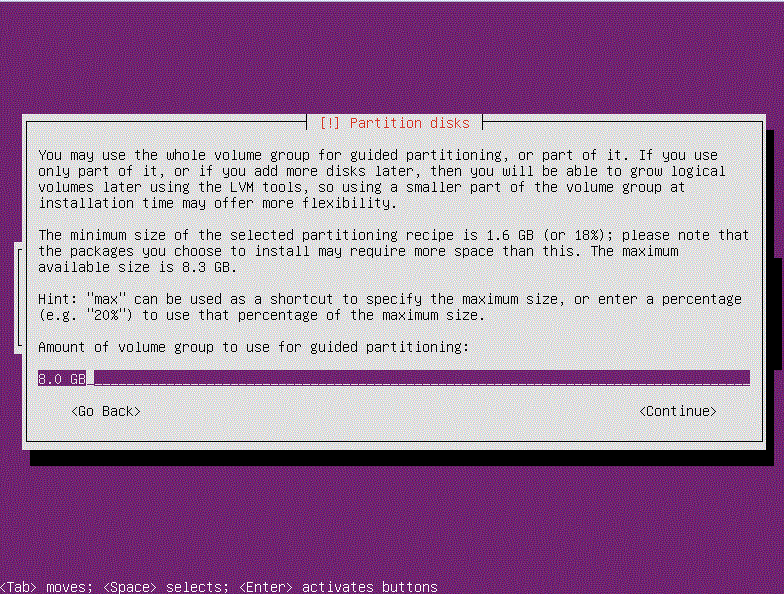 Size of Partition Screen